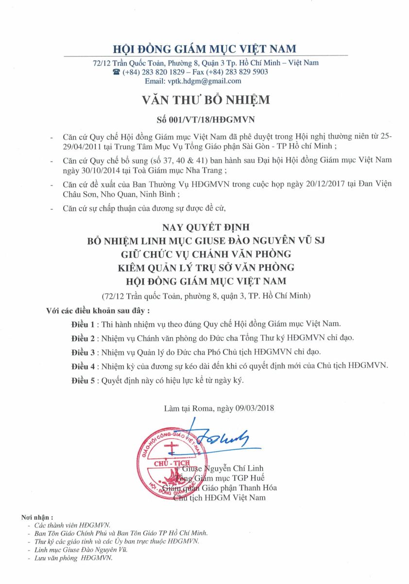 Bổ nhiệm Chánh Văn phòng Hội đồng Giám mục Việt Nam