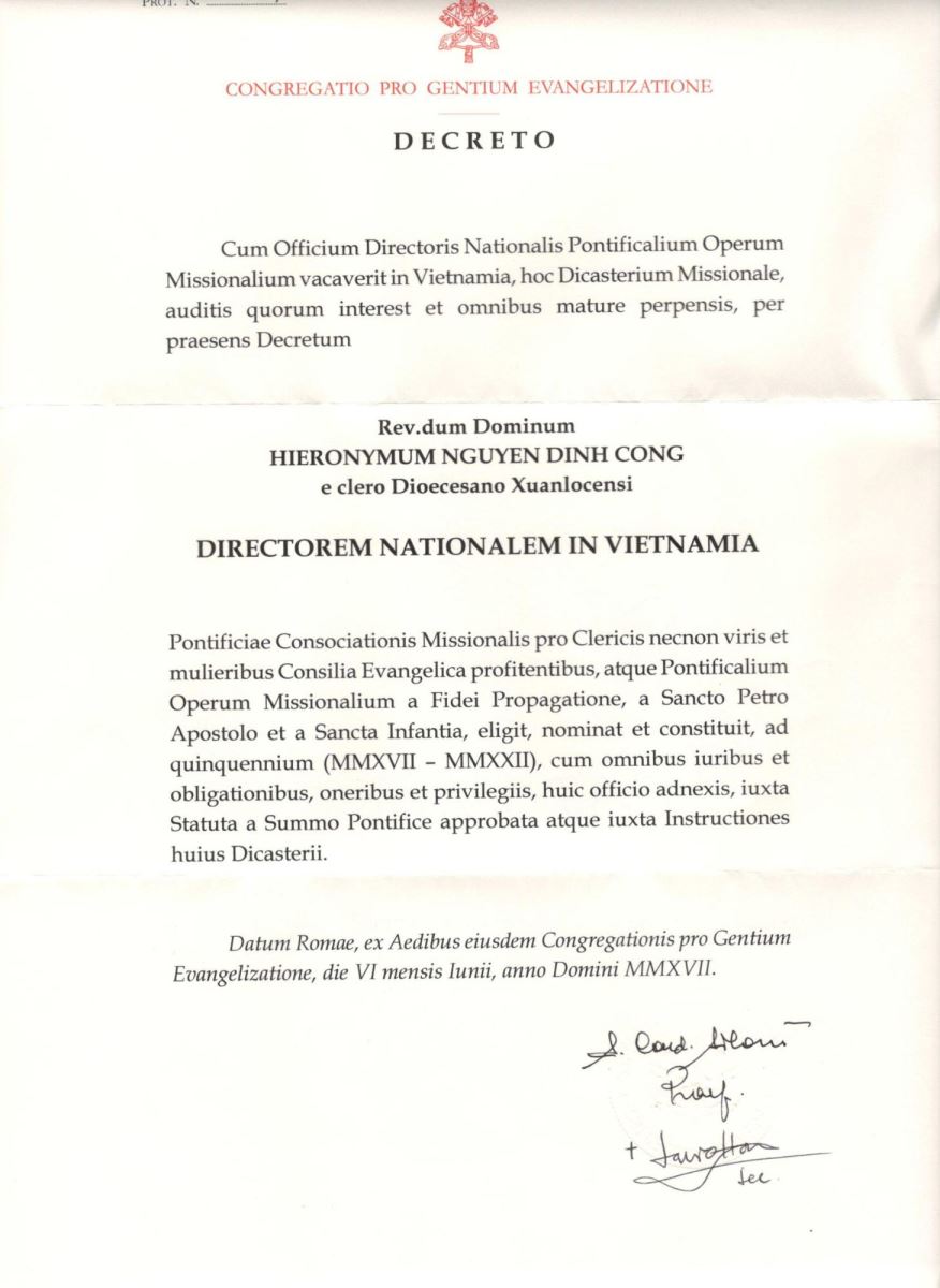 Bổ nhiệm Tân Giám đốc Hội đồng Giáo hoàng về Truyền giáo tại Việt Nam
