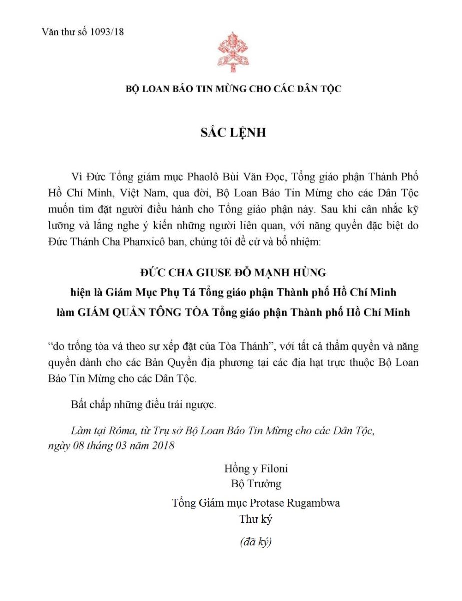 Đức cha Giuse Đỗ Mạnh Hùng được bổ nhiệm làm Giám quản Tông toà TGP TP.HCM