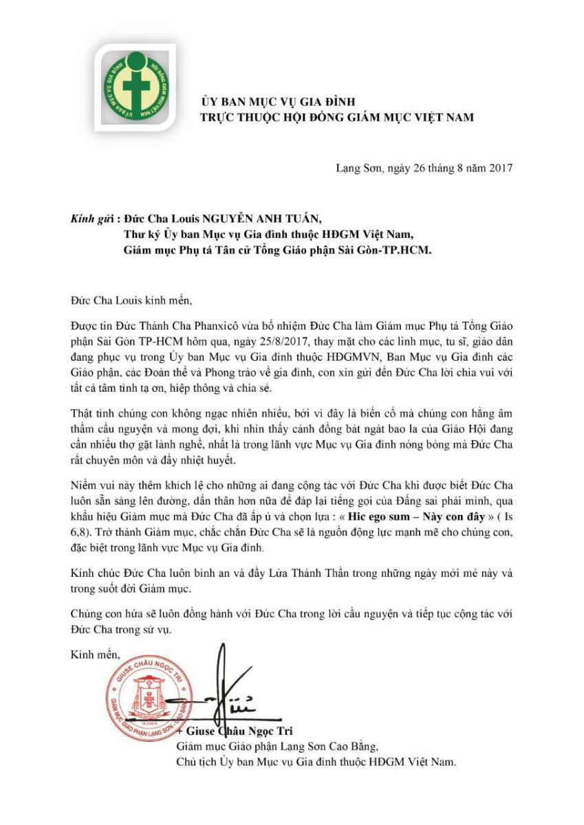 Thư chúc mừng Đức cha Louis Nguyễn Anh Tuấn của Ủy ban Mục vụ Gia đình