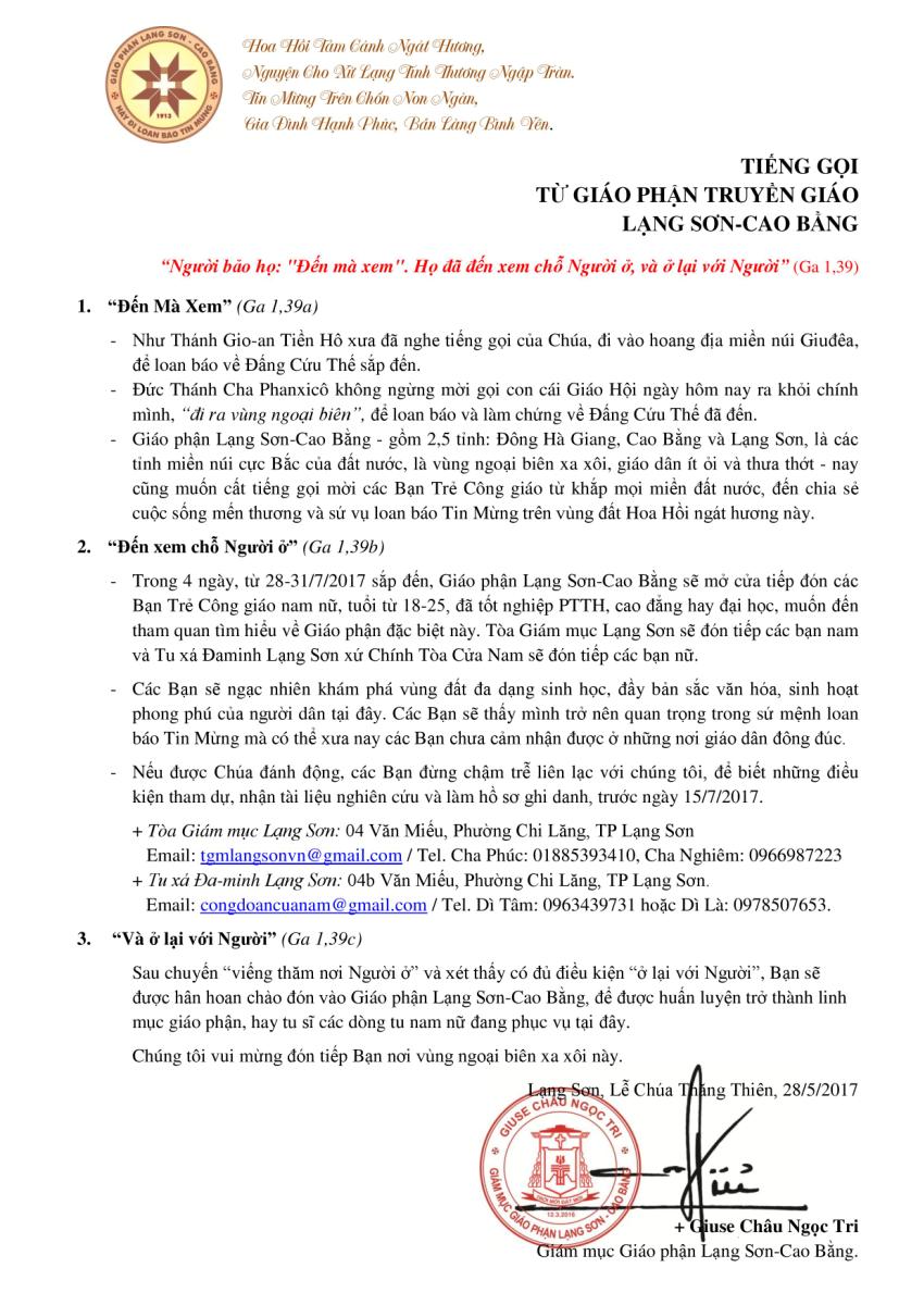 Tiéng gọi từ giáo phận truyền giáo Lạng Sơn-Cao Bằng