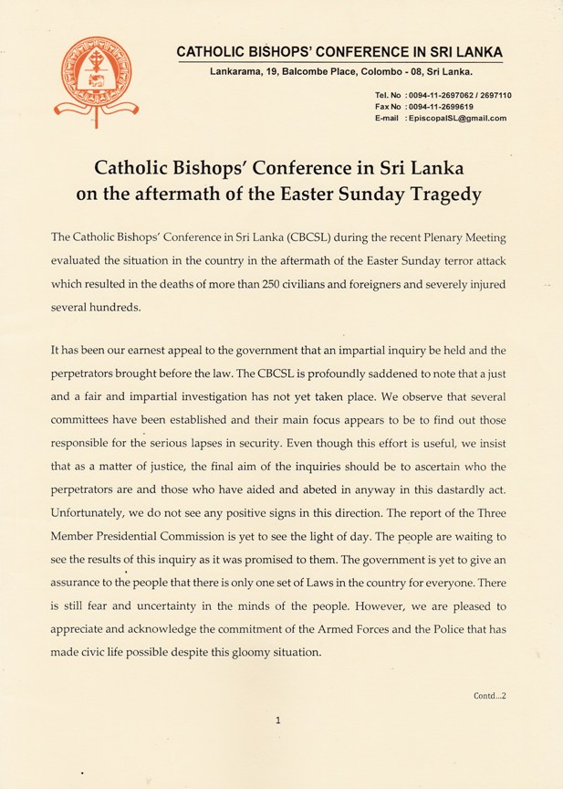 Thư kêu gọi của HĐGM Sri Lanka sau hậu quả cuộc khủng bố trong ngày Chúa nhật Phục sinh
