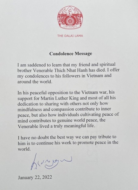 Đức Dalai Lama gửi thư phân ưu về sự viên tịch của Thiền sư Thích Nhất Hạnh