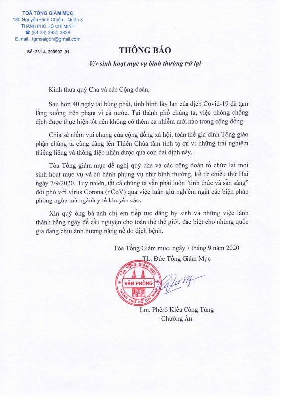 Tòa Tổng Giám mục Sài Gòn: Thông báo sinh hoạt mục vụ bình thường trở lại