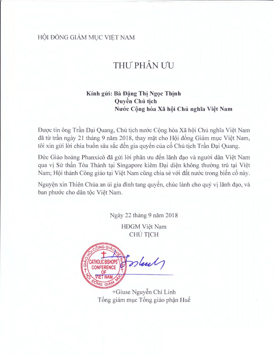 Thư phân ưu của Hội đồng Giám mục Việt Nam