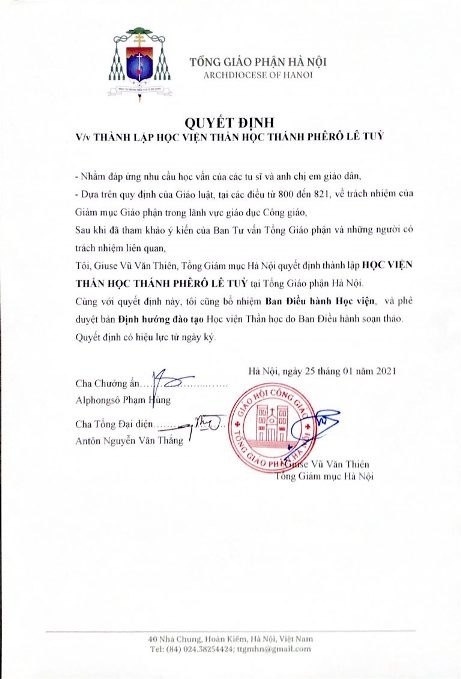 TGP Hà Nội: Quyết định Thành lập Học viện Thần học Thánh Phêrô Lê Tùy