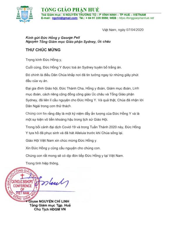 Thư chúc mừng của Đức cha Chủ tịch HĐGM Việt Nam gửi tới ĐHY George Pell